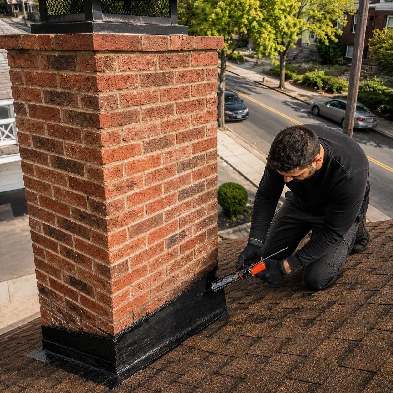 Technician applying a waterproof membrane where a brick chimney meets the roof