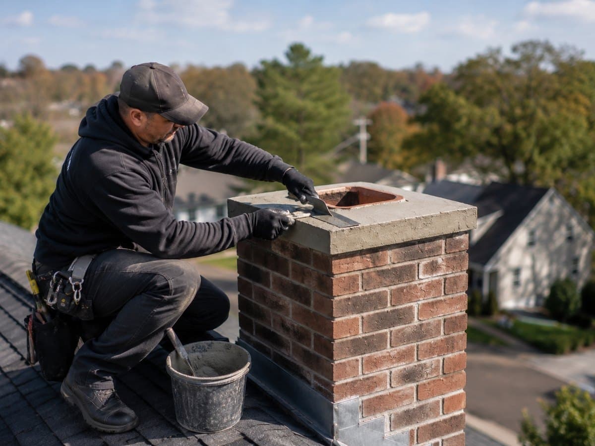 Mason smoothing a fresh mortar crown on a brick chimney above new base flashing