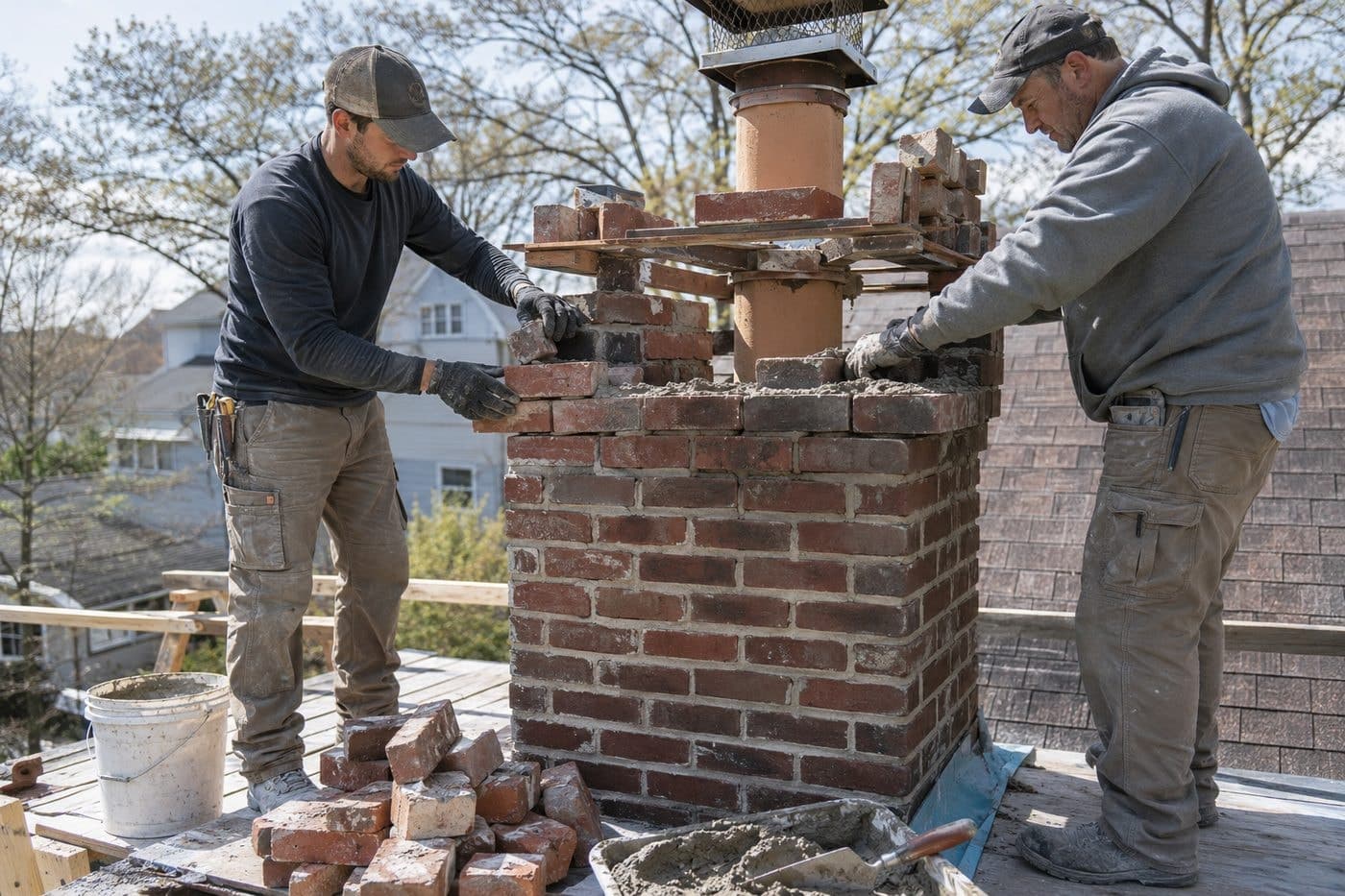 Two masons rebuilding the top courses of a brick chimney around a clay flue liner
