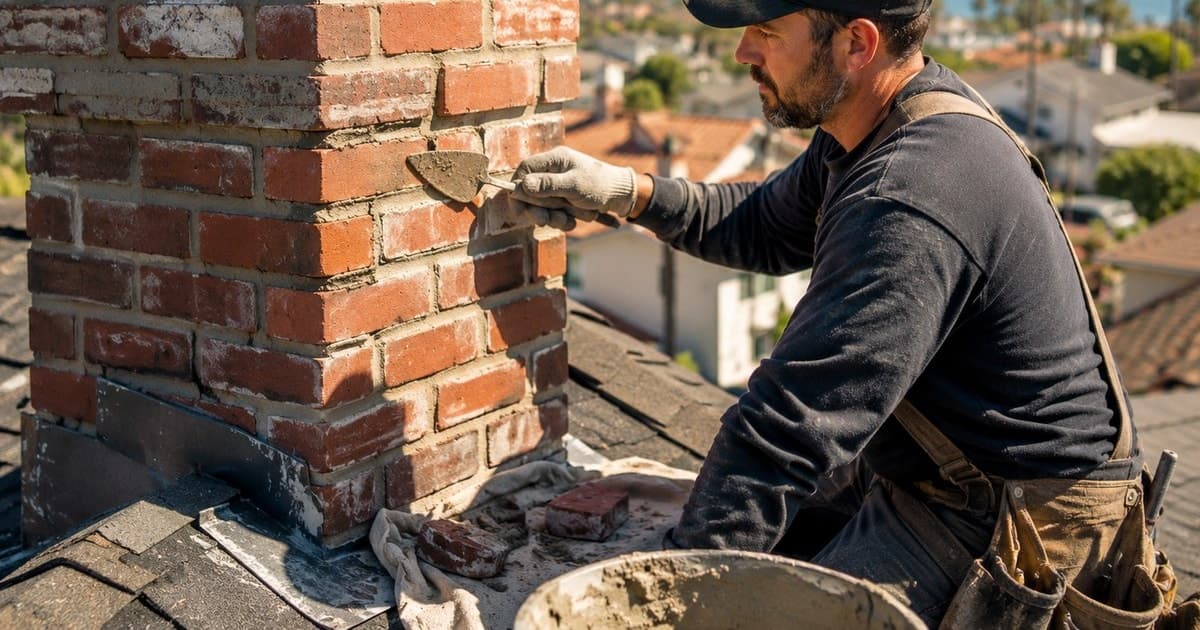 Mason pressing fresh mortar into the joints of a weathered brick chimney with a pointing trowel