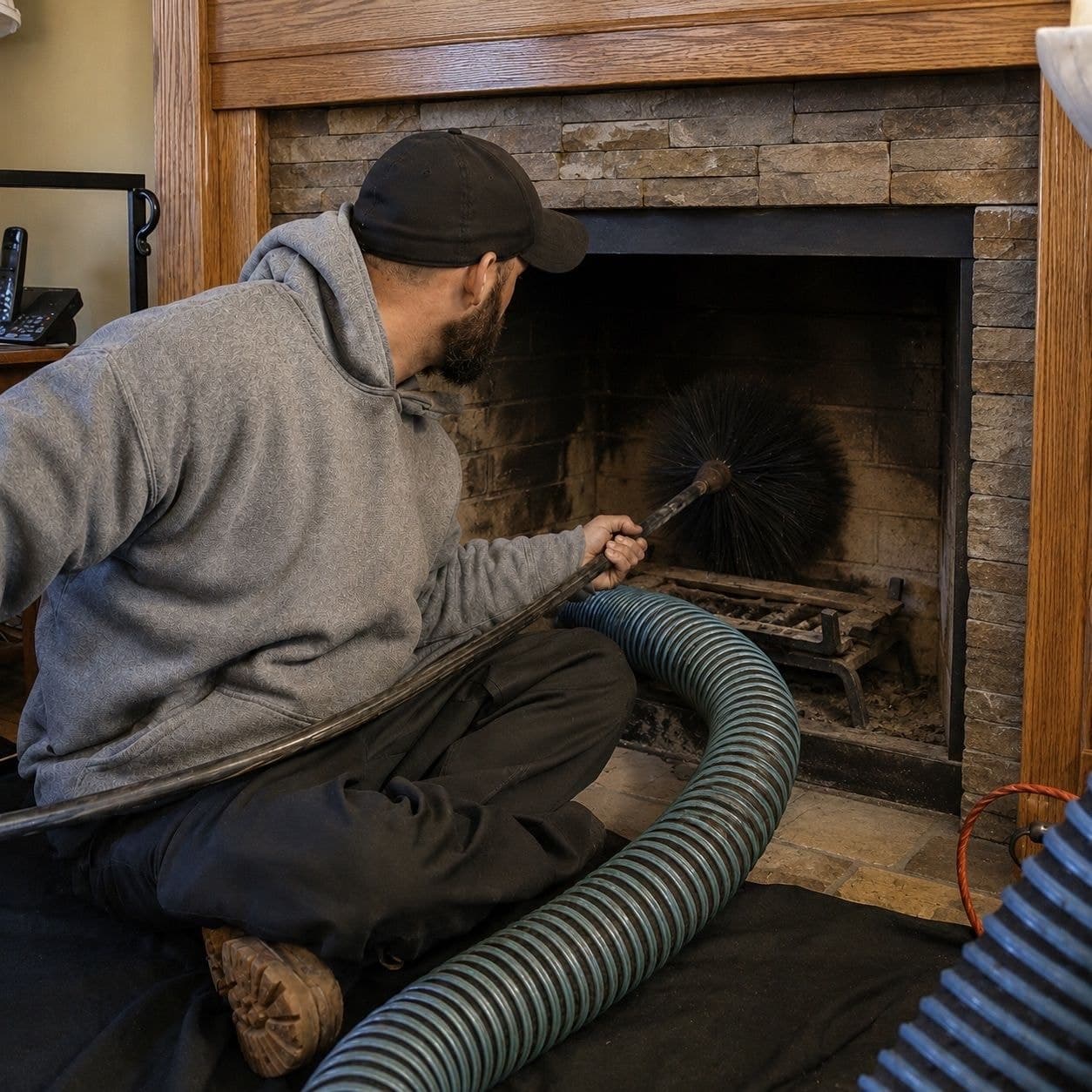 Technician sweeping a fireplace flue with a rotary brush while a vacuum hose collects soot