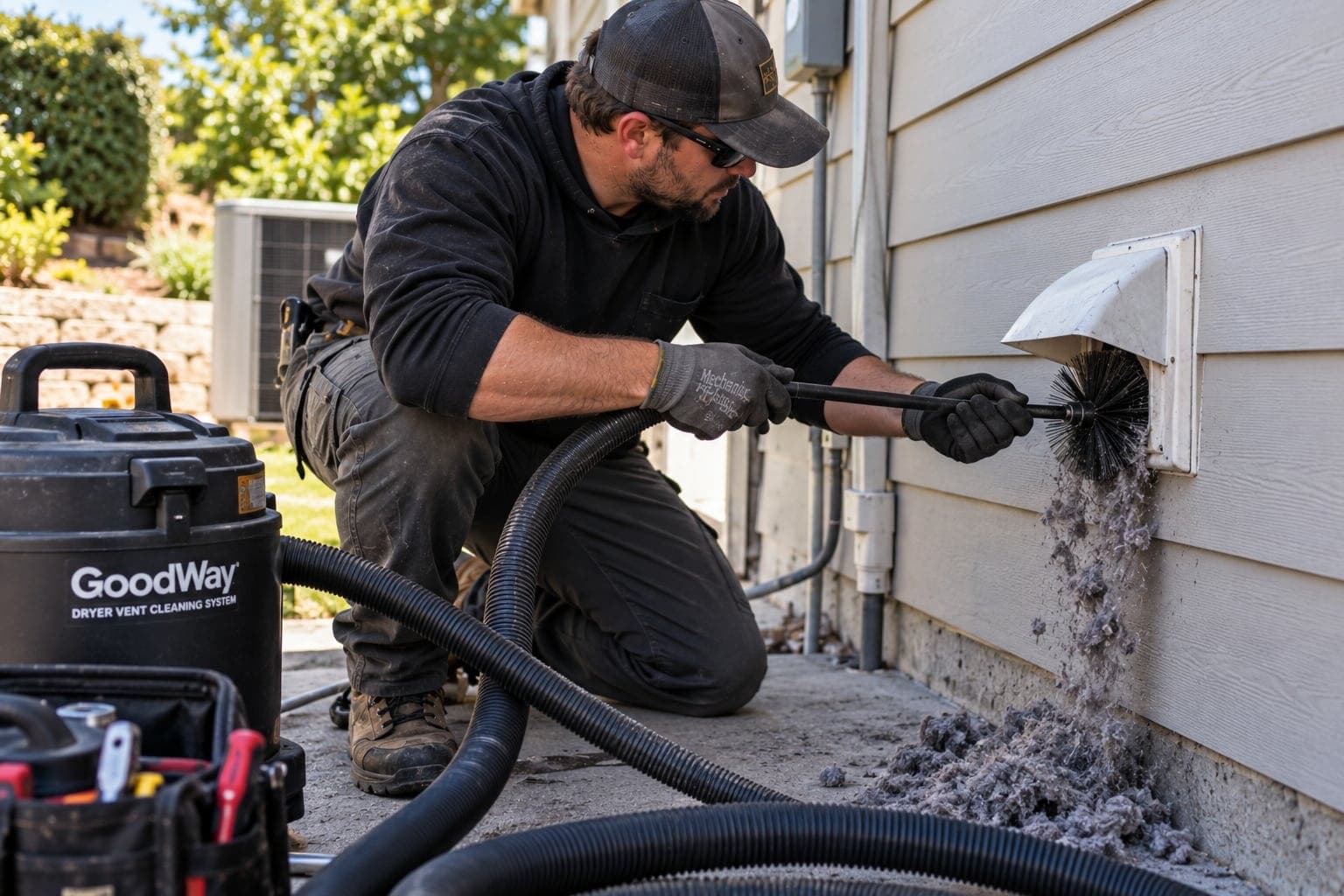 Technician brushing out an exterior dryer vent as lint falls to the ground