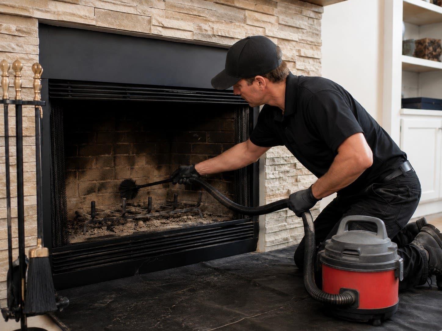 Technician brushing and vacuuming a louvered factory-built fireplace with a stacked-stone surround