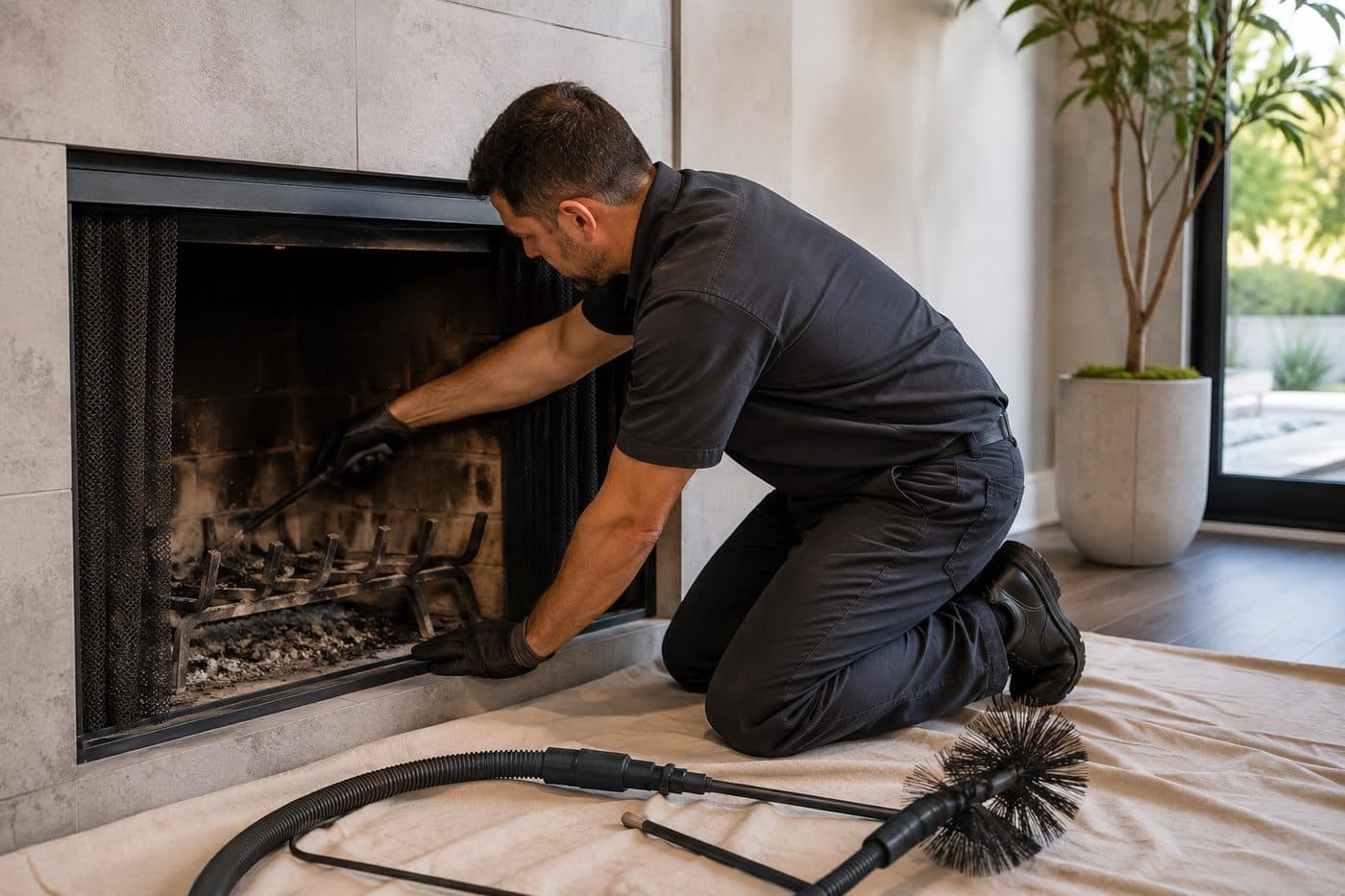 Technician working in the firebox of a fireplace with a tiled surround, drop cloth on the floor