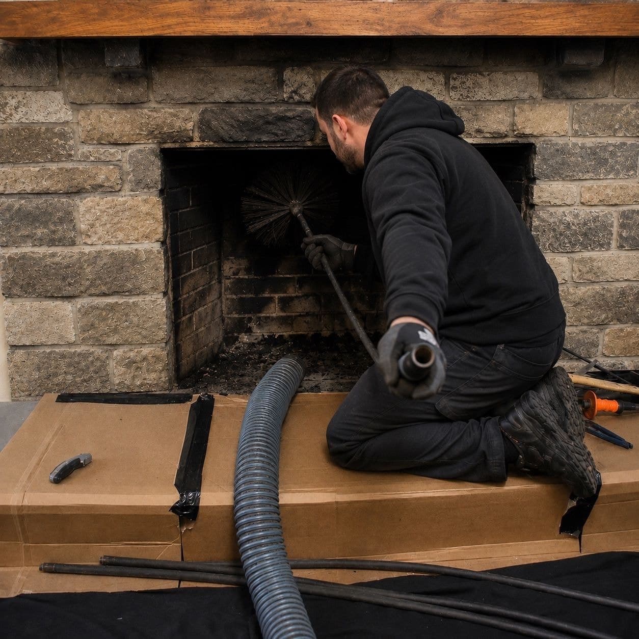 Technician running a brush on rods up a fireplace flue with a vacuum hose and masked-off hearth