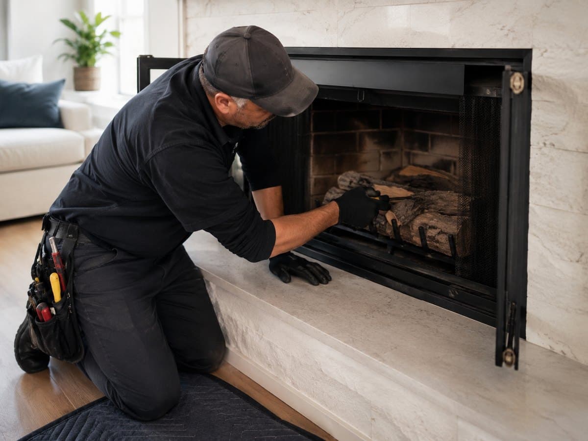 Technician servicing a fireplace fitted with folding glass doors