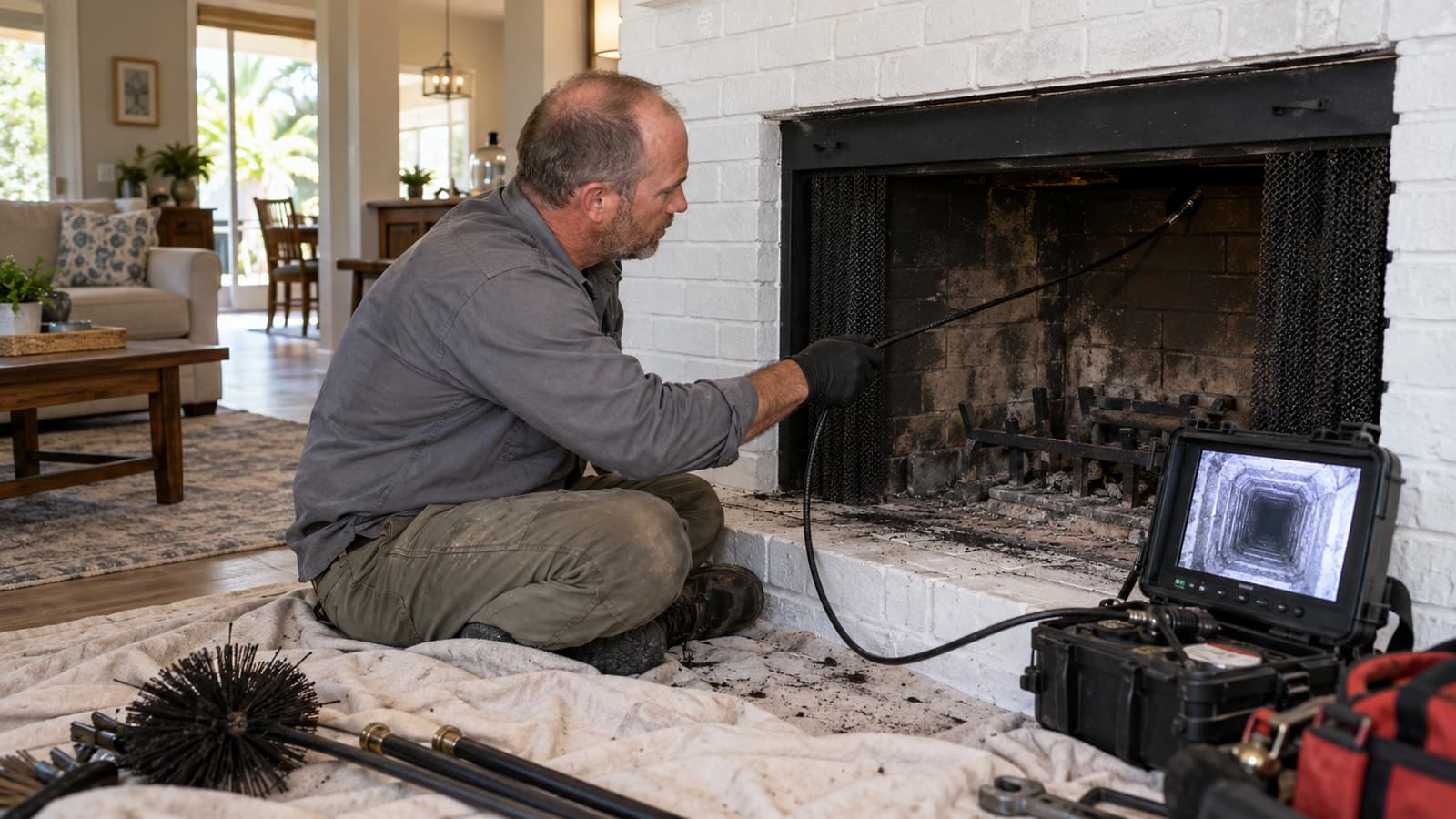 Chimney inspection camera being fed into a residential flue with the flue interior shown on the monitor