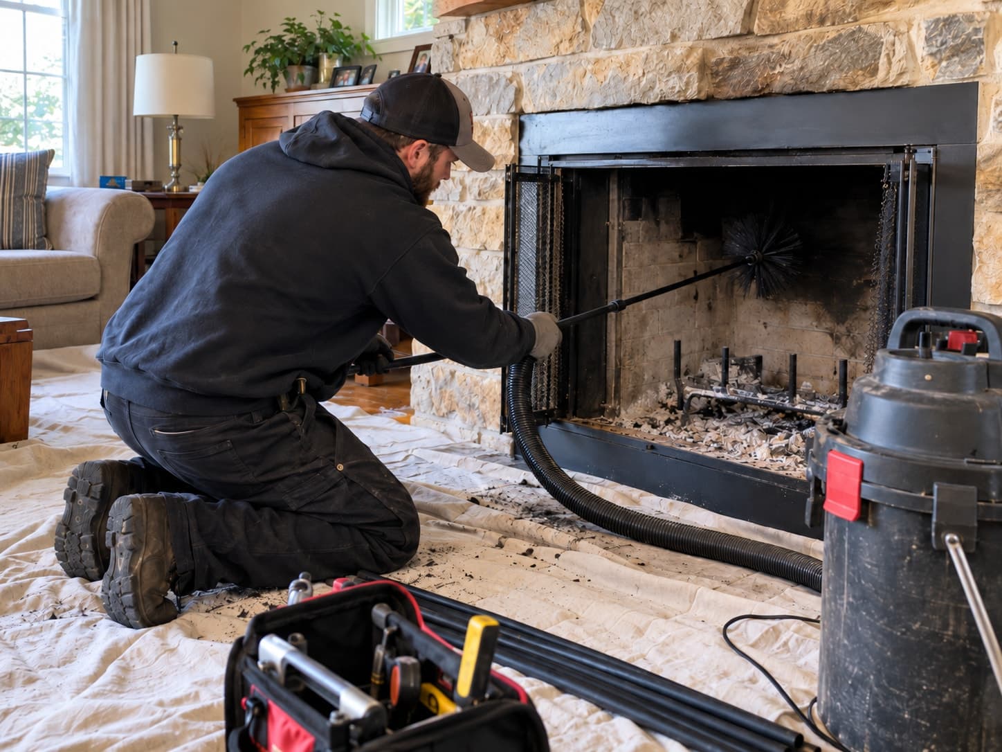 Technician brushing a stone fireplace flue from the hearth beside a soot vacuum, floor covered with a drop cloth