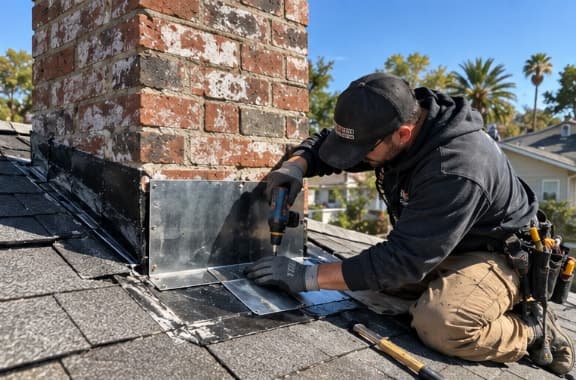 Technician fastening new metal flashing where a brick chimney meets a shingle roof