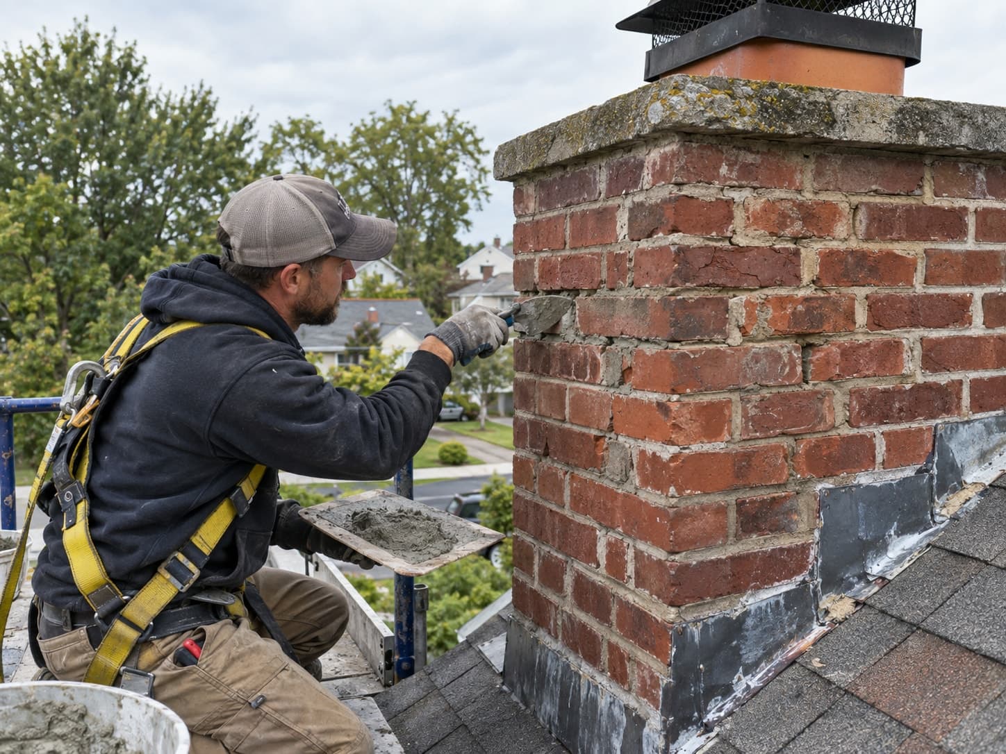 Technician in a fall-arrest harness repointing the brickwork of a chimney from a roof scaffold