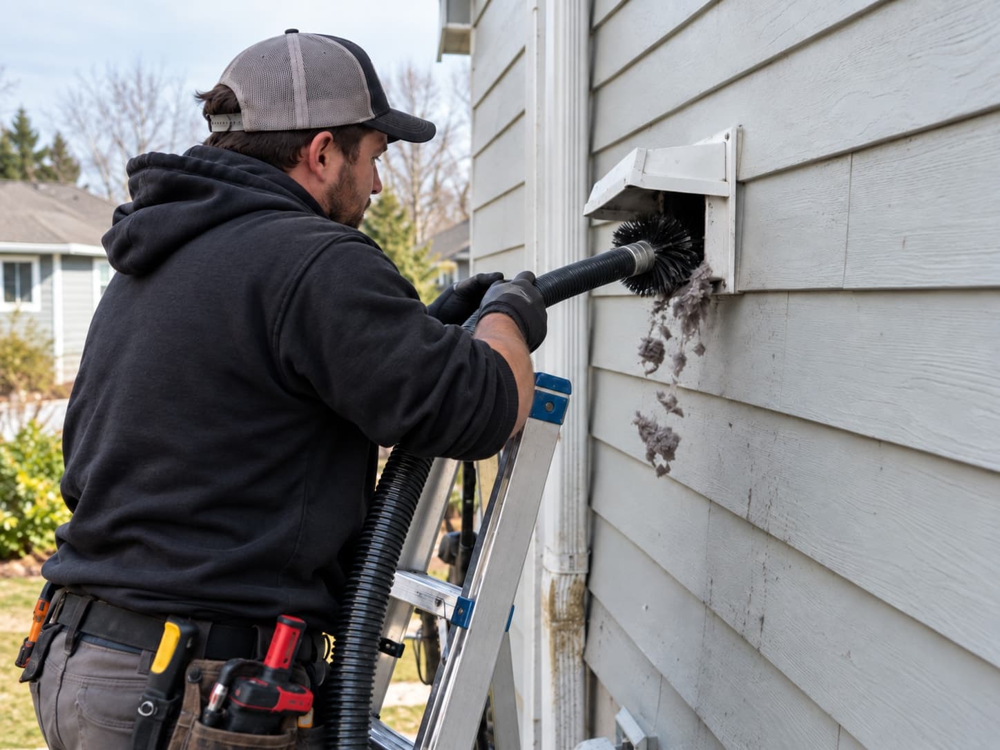 Technician on a ladder clearing lint from an exterior dryer vent hood on a house wall