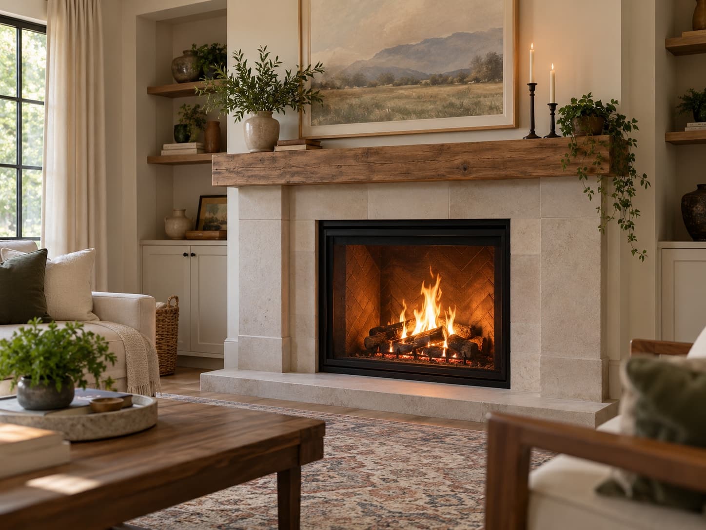 Lit fireplace with a stone surround and timber mantel in a furnished living room