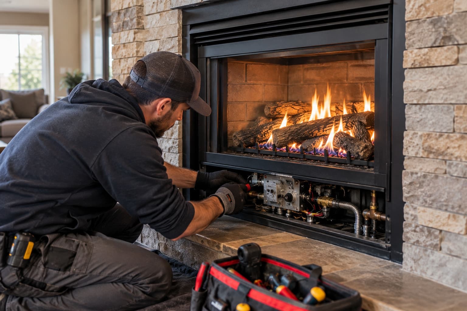 Technician servicing the gas valve and burner assembly of a lit gas fireplace