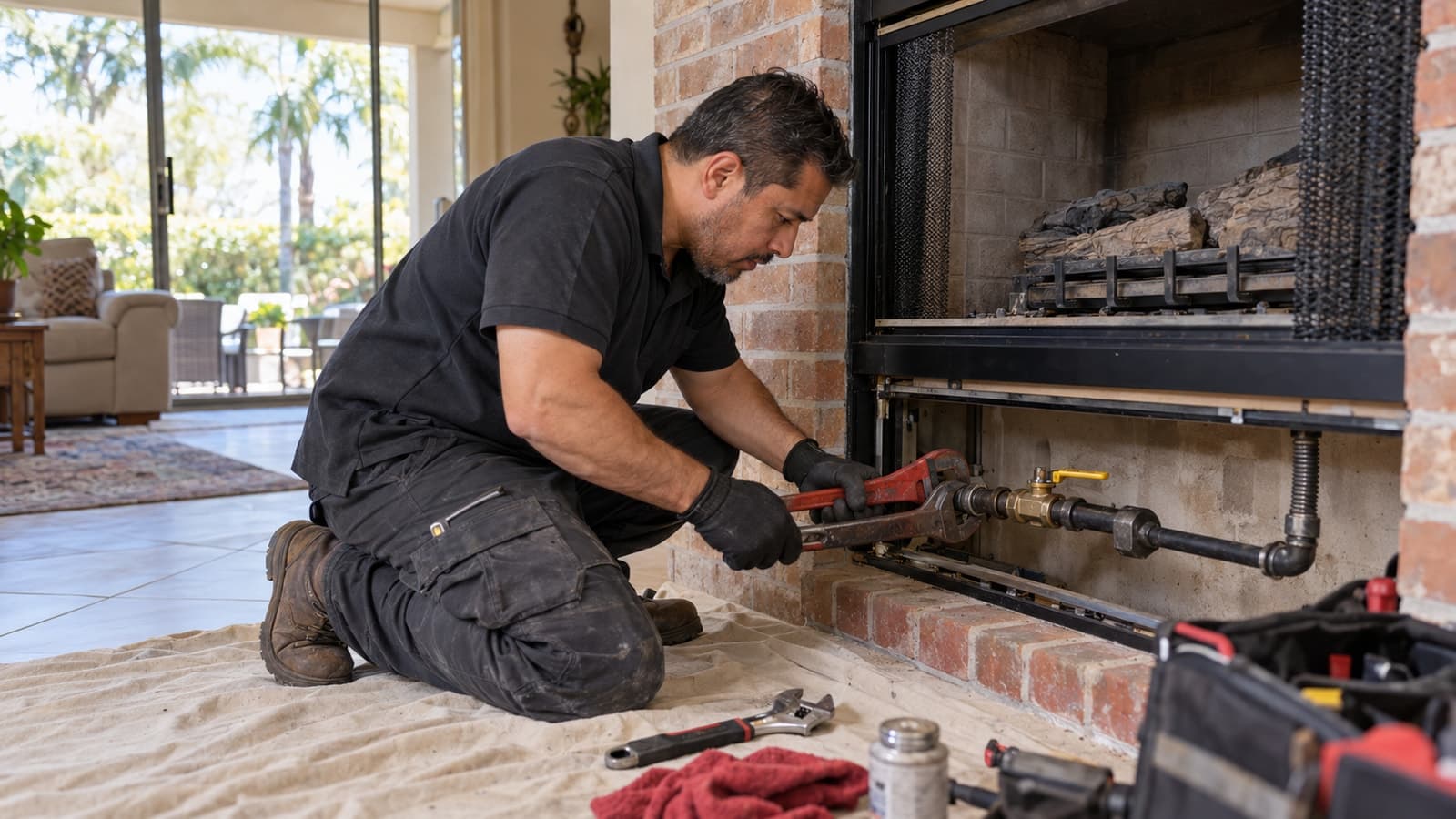 Technician tightening a gas supply line at a brick fireplace with a pipe wrench