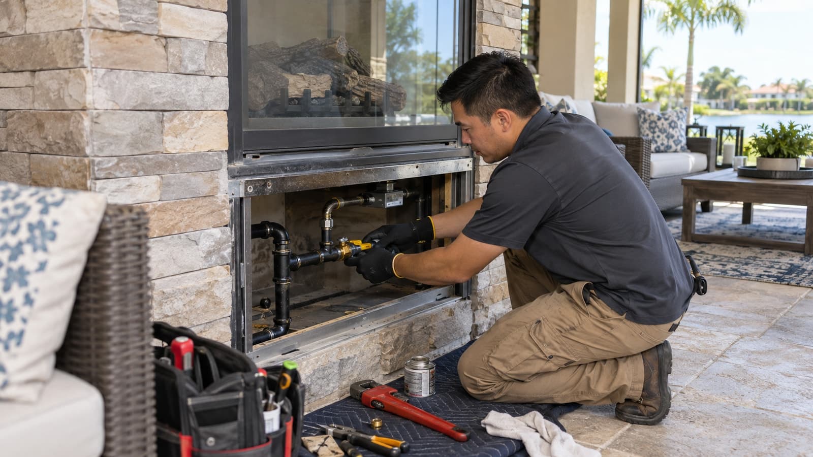 Technician connecting black iron gas piping to a stone outdoor fireplace on a covered lanai
