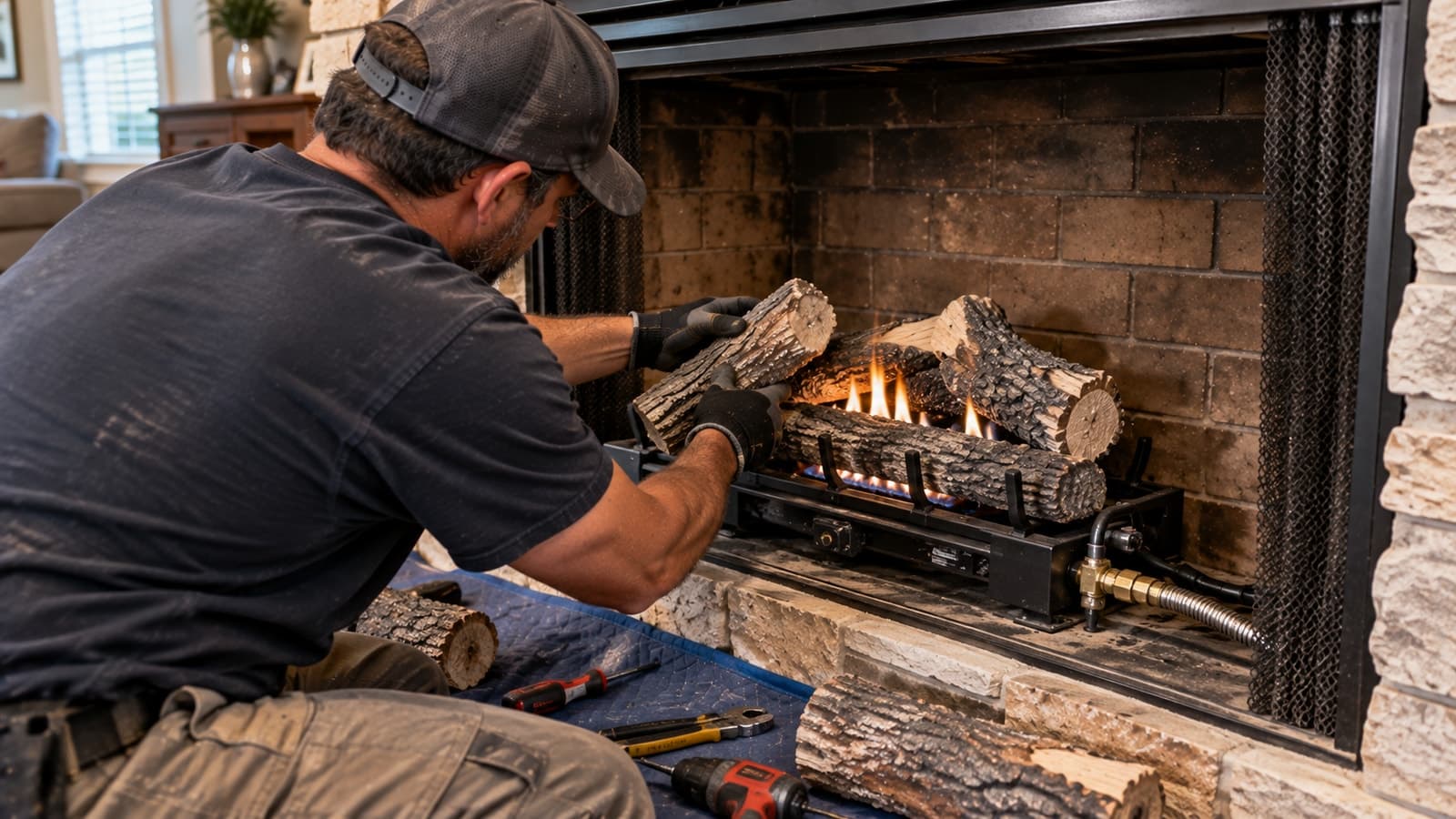 Technician positioning a ceramic gas log set over the burner of a fireplace