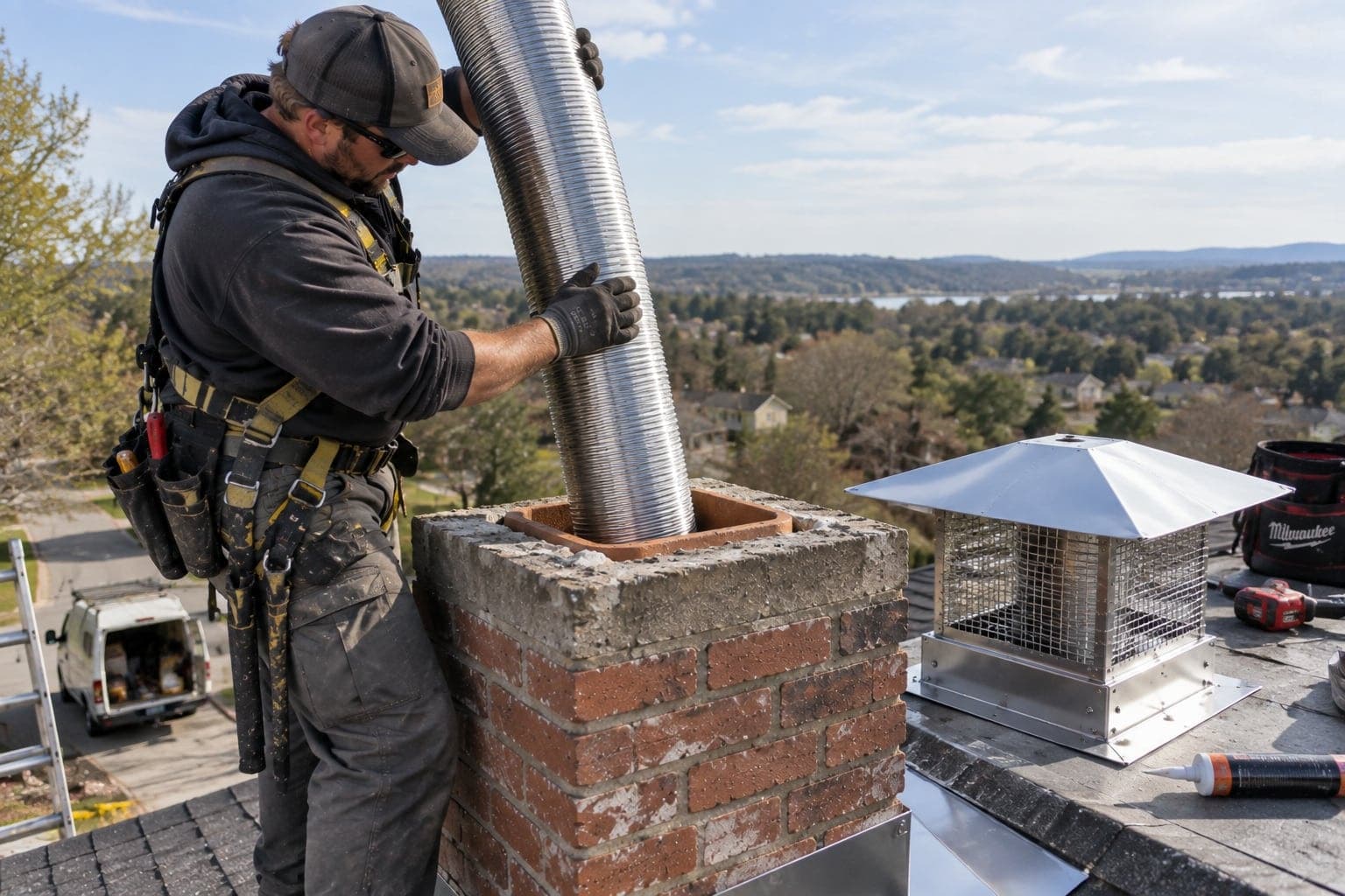 Technician feeding a flexible stainless steel liner into a clay flue beside a new chimney cap