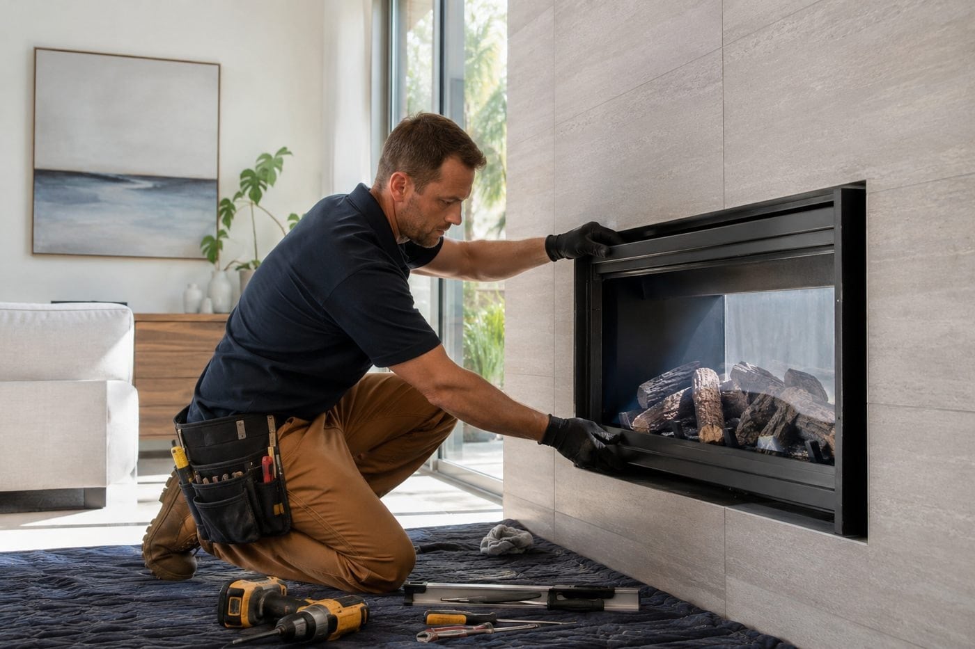 Technician fitting the front of a linear fireplace set into a tiled wall in a bright living room