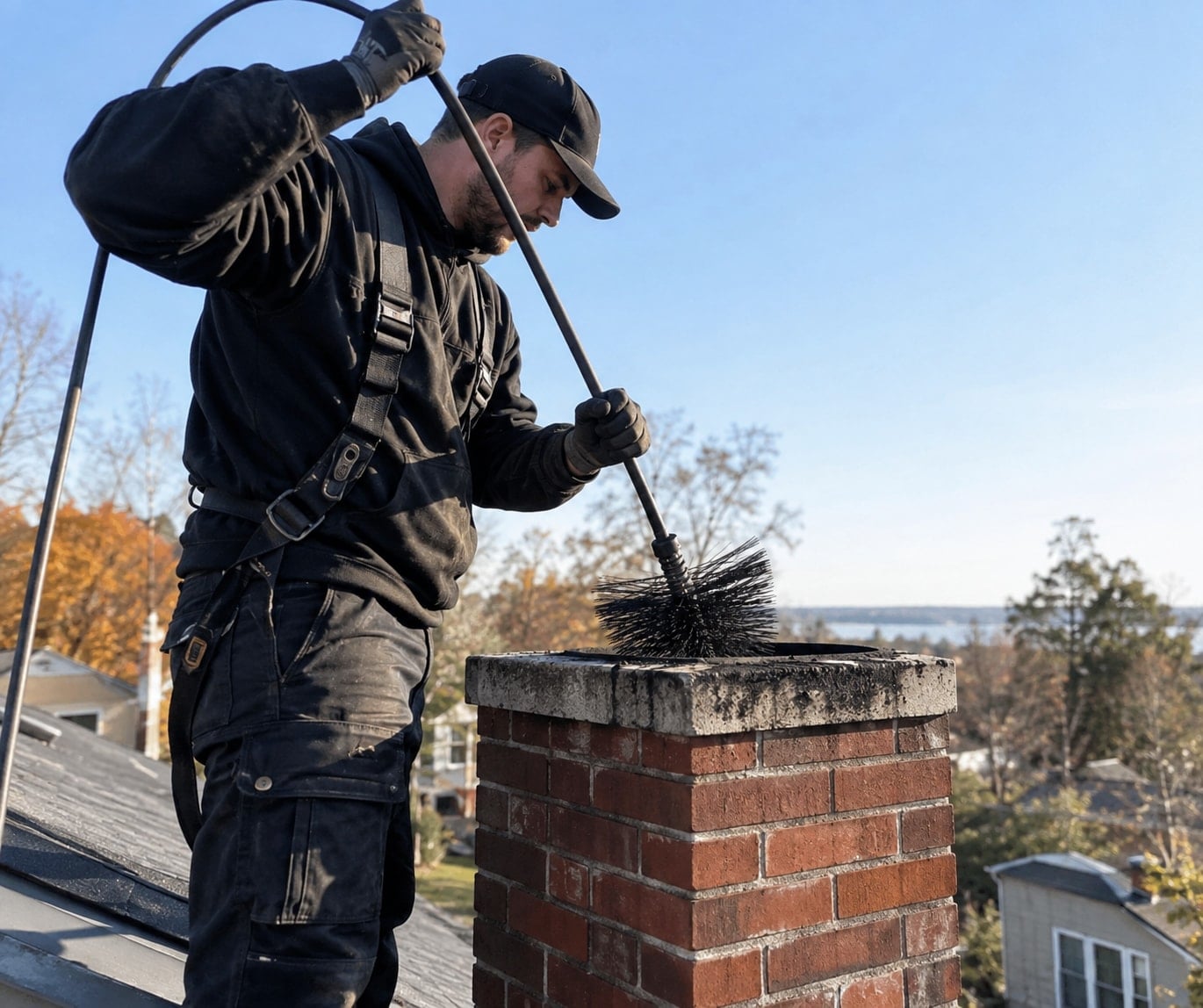 Chimney sweep on a roof lowering a round wire brush on rods into a brick flue